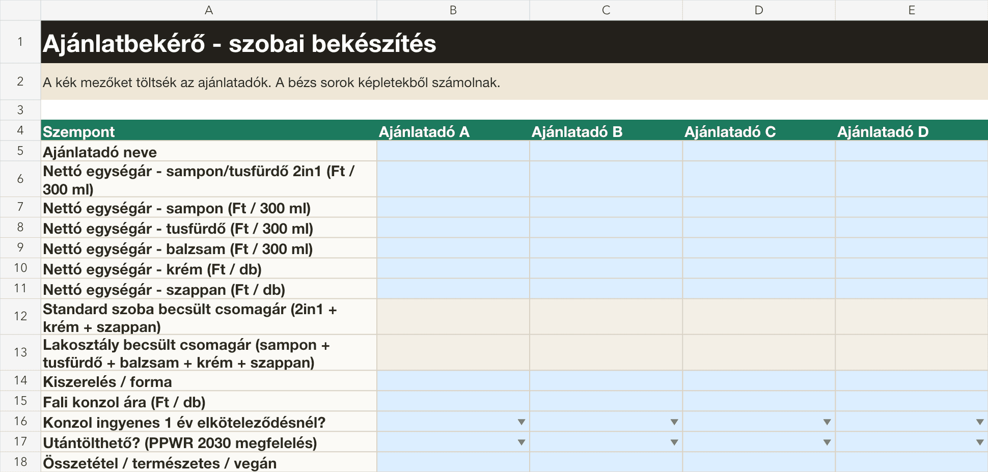 Szobai bekészítés tender sablon előnézet Excel táblázatban